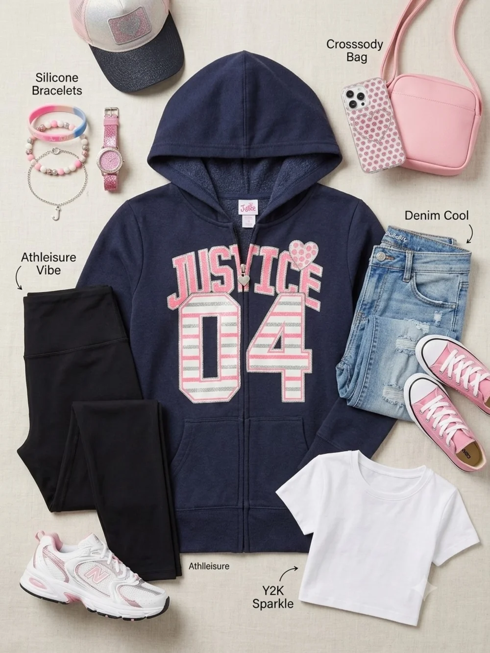 Justice Navy and Pink '04' Zip-Up Hoodie